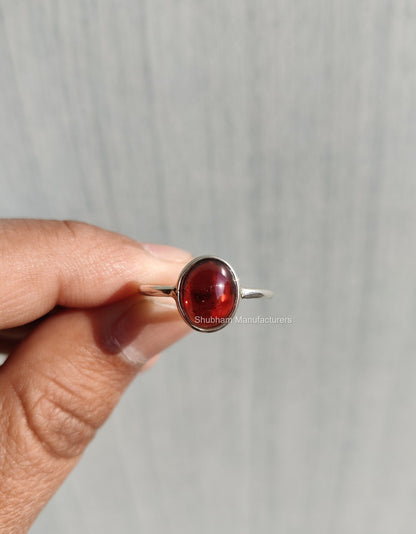 Natural Garnet Ring, 925 Sterling Silver Ring, Cabochon Gemstone Ring, January Birthstone, Red Stone Ring, Handmade Gift for Her,Simple Ring