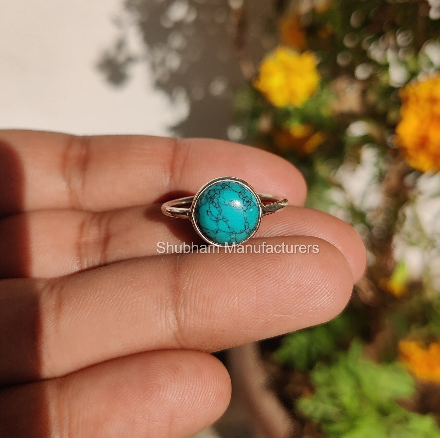 Genuine Turquoise Ring, 925 Sterling Silver Ring, Round Shaped Ring, Natural Gemstone Ring, Handmade Gift for Her, December Birthstone Ring