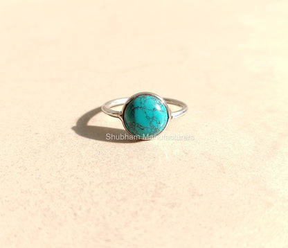 Genuine Turquoise Ring, 925 Sterling Silver Ring, Round Shaped Ring, Natural Gemstone Ring, Handmade Gift for Her, December Birthstone Ring