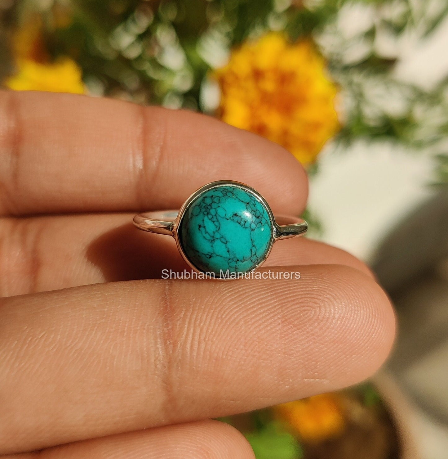 Genuine Turquoise Ring, 925 Sterling Silver Ring, Round Shaped Ring, Natural Gemstone Ring, Handmade Gift for Her, December Birthstone Ring