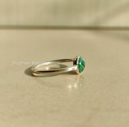 Natural Malachite Ring, 925 Sterling Silver Ring, Minimalist Gemstone Ring, Tiny Stone Silver Ring, Simple Ring for Her, Thin Band Ring