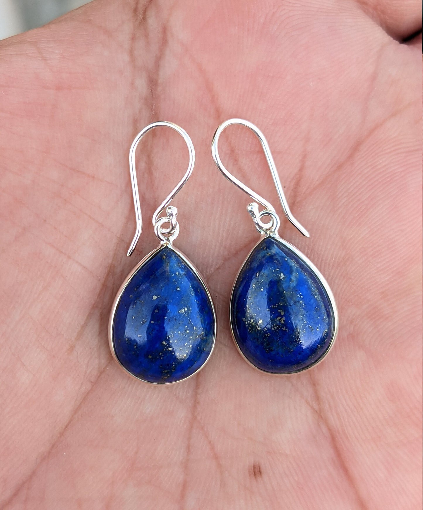 Lapis Lazuli Earrings, 925 Sterling Silver, Natural Blue Gemstone, Silver Handmade Jewelry, Cabochon Stone, Dangle Drop Hook, Gift for Her