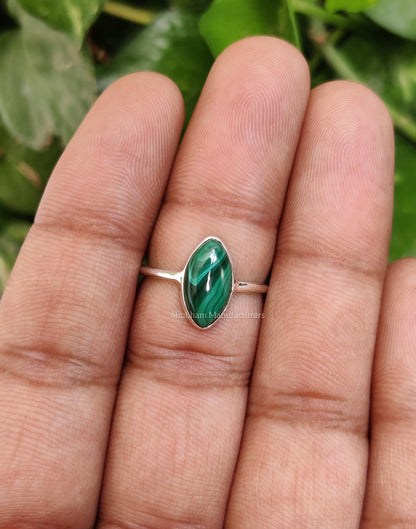 Malachite Ring, 925 Sterling Silver Ring, Stackable Gemstone Ring, Handmade Silver Ring, Marquise Shape Ring, Simple Band Ring for Women