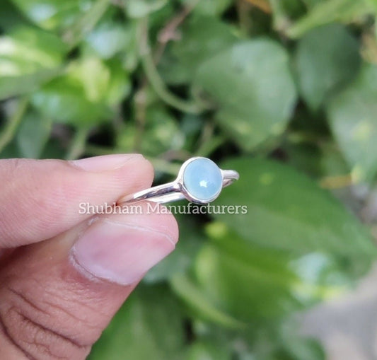 Genuine Aqua Chalcedony Ring, Blue Gemstone Silver Ring, Aqua Minimalist Ring, Cabochon Stone Dainty Ring, Chalcedony Jewelry for Women