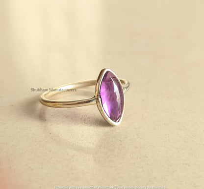 Natural Amethyst Ring, 925 Sterling Silver Ring, Purple Amethyst Jewelry, Cabochon Stone Ring, Marquise Gemstone, Birthstone Ring for Women