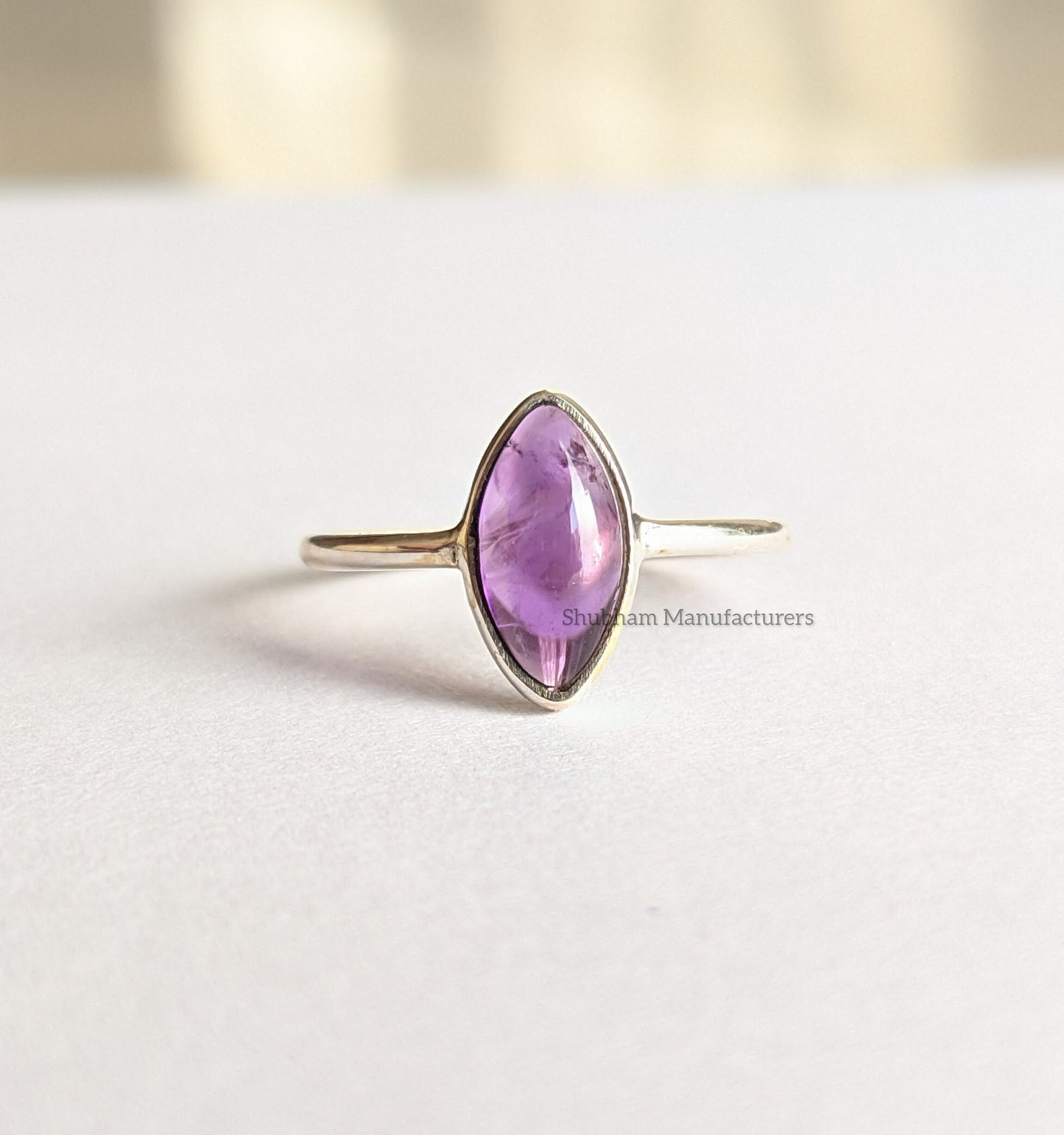 Natural Amethyst Ring, 925 Sterling Silver Ring, Purple Amethyst Jewelry, Cabochon Stone Ring, Marquise Gemstone, Birthstone Ring for Women