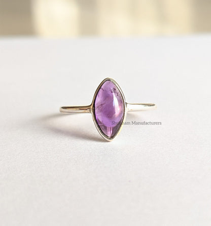 Natural Amethyst Ring, 925 Sterling Silver Ring, Purple Amethyst Jewelry, Cabochon Stone Ring, Marquise Gemstone, Birthstone Ring for Women