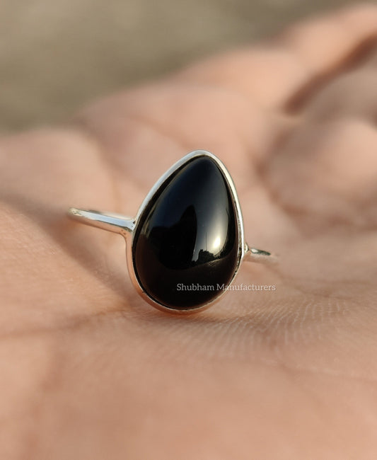 Black Onyx Ring, 925 Sterling Silver, Natural Gemstone, Stacking Onyx Ring, Black Crystal Stone, Onyx Jewelry, Cabochon Stone, Womens Ring