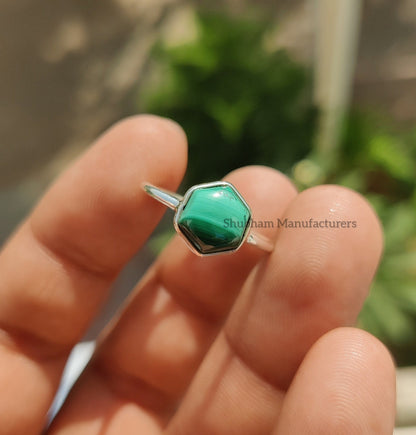 Natural Malachite Ring, 925 Sterling Silver, Green Gemstone Ring, Hexagon Shape Ring, Healing Crystal Ring, Gift for Her, Birthstone Jewelry