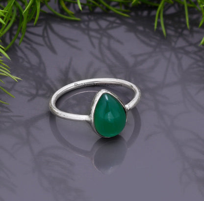 Natural Green Onyx Ring, 925 Sterling Silver Ring, Cabochon Gemstone, Pear Shape Ring, Women Rings, Minimalist Onyx Ring, Birthstone Jewelry