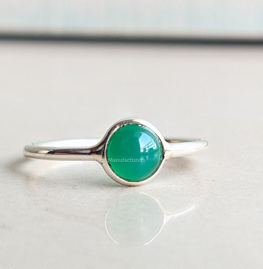 Natural Green Onyx Ring, 925 Sterling Silver Ring, Green Stone, Cabochon Gemstone Stacking Ring, Dainty Silver Ring, Women's Minimalist Ring