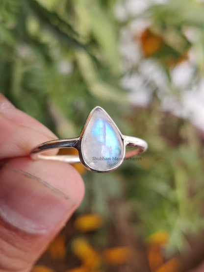 Natural Rainbow Moonstone Ring, 925 Sterling Silver Ring, Blue Fire Pear Shape Moonstone Gemstone Women Handmade Jewelry, Gift for her Rings