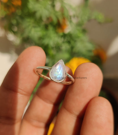 Natural Rainbow Moonstone Ring, 925 Sterling Silver Ring, Blue Fire Pear Shape Moonstone Gemstone Women Handmade Jewelry, Gift for her Rings