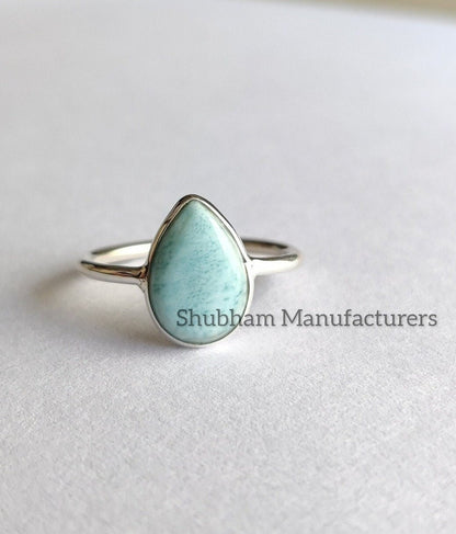 Larimar Ring, 925 Sterling Silver Ring for Women, Pear Shape Natural Blue Gemstone Handmade Ring, Simple Bezel Setting All Size Ring 3-14 US