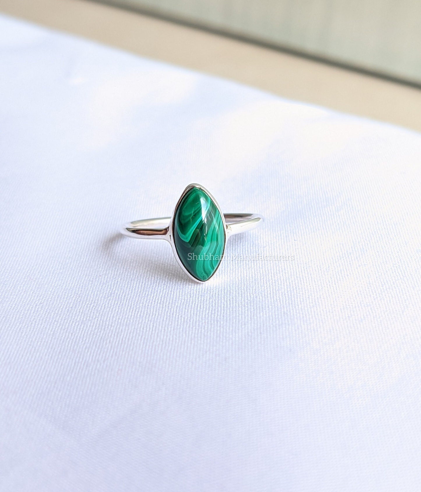 Malachite Ring, 925 Sterling Silver Ring, Stackable Gemstone Ring, Handmade Silver Ring, Marquise Shape Ring, Simple Band Ring for Women