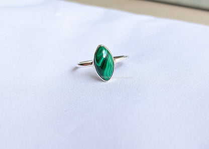 Malachite Ring, 925 Sterling Silver Ring, Stackable Gemstone Ring, Handmade Silver Ring, Marquise Shape Ring, Simple Band Ring for Women