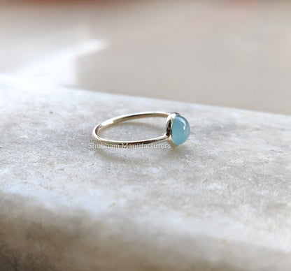 Genuine Aqua Chalcedony Ring, Blue Gemstone Silver Ring, Aqua Minimalist Ring, Cabochon Stone Dainty Ring, Chalcedony Jewelry for Women