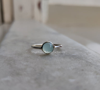 Genuine Aqua Chalcedony Ring, Blue Gemstone Silver Ring, Aqua Minimalist Ring, Cabochon Stone Dainty Ring, Chalcedony Jewelry for Women