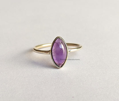 Natural Amethyst Ring, 925 Sterling Silver Ring, Purple Amethyst Jewelry, Cabochon Stone Ring, Marquise Gemstone, Birthstone Ring for Women