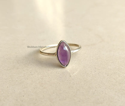 Natural Amethyst Ring, 925 Sterling Silver Ring, Purple Amethyst Jewelry, Cabochon Stone Ring, Marquise Gemstone, Birthstone Ring for Women