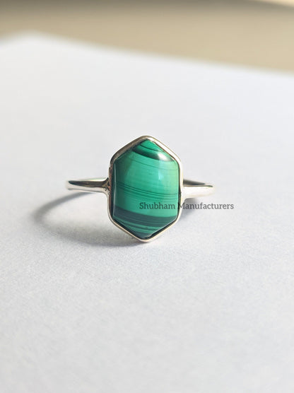 Natural Malachite Ring, 925 Sterling Silver Ring, Fancy Shape Ring, Silver Malachite Jewelry, Women's Ring, Hexagon Ring, Birthstone Gift