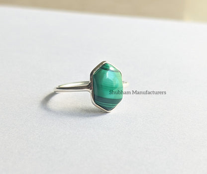 Natural Malachite Ring, 925 Sterling Silver Ring, Fancy Shape Ring, Silver Malachite Jewelry, Women's Ring, Hexagon Ring, Birthstone Gift