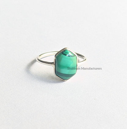 Natural Malachite Ring, 925 Sterling Silver Ring, Fancy Shape Ring, Silver Malachite Jewelry, Women's Ring, Hexagon Ring, Birthstone Gift