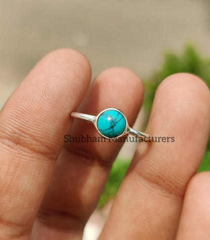 Minimalist Turquoise Ring, 925 Sterling Silver Ring, Natural Turquoise Jewelry, Tiny Gemstone Ring, Cabochon Stone, Silver Turquoise Ring