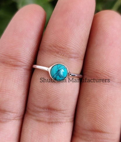 Minimalist Turquoise Ring, 925 Sterling Silver Ring, Natural Turquoise Jewelry, Tiny Gemstone Ring, Cabochon Stone, Silver Turquoise Ring