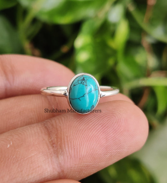 Turquoise Ring, 925 Sterling Silver Ring, Natural Stone, Cabochon Gemstone, Handmade Gift for Her, Everyday Simple Jewelry, Stacking ring