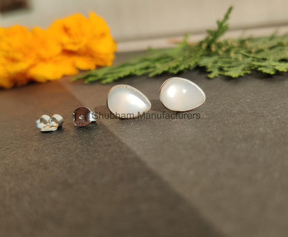 White Moonstone Stud Earrings, 925 Sterling Silver Studs, Moonstone Post Earrings, Healing Crystal Studs, Cute Earrings for Girls & Women