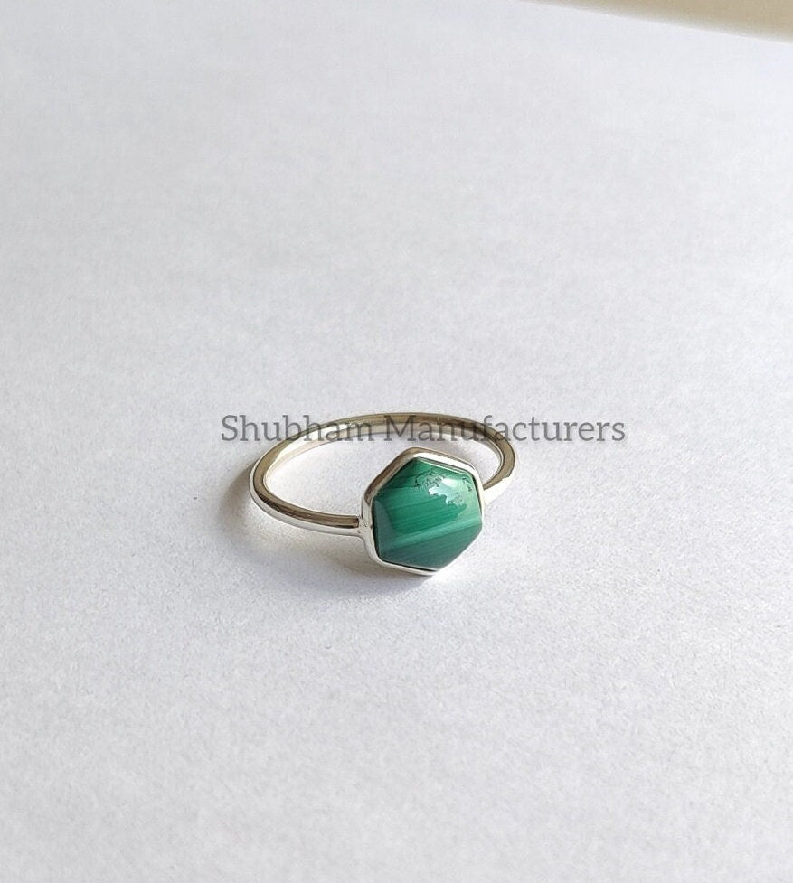 Natural Malachite Ring, 925 Sterling Silver, Green Gemstone Ring, Hexagon Shape Ring, Healing Crystal Ring, Gift for Her, Birthstone Jewelry