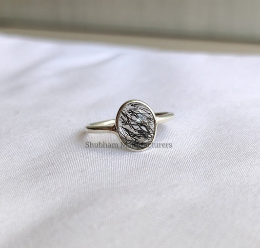 Black Rutile Quartz Ring, 925 Sterling Silver Ring, Natural Rutilated Quartz Ring, Silver Bohemian Ring, Birthstone Ring, Handmade Jewelry