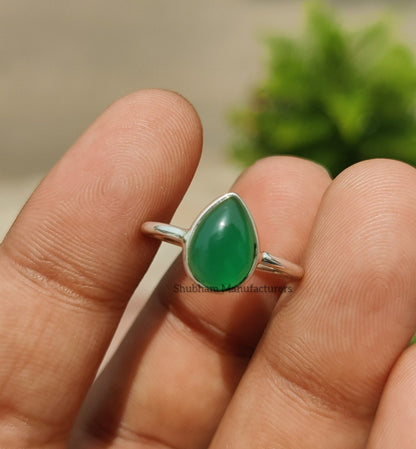 Natural Green Onyx Ring, 925 Sterling Silver Ring, Cabochon Gemstone, Pear Shape Ring, Women Rings, Minimalist Onyx Ring, Birthstone Jewelry