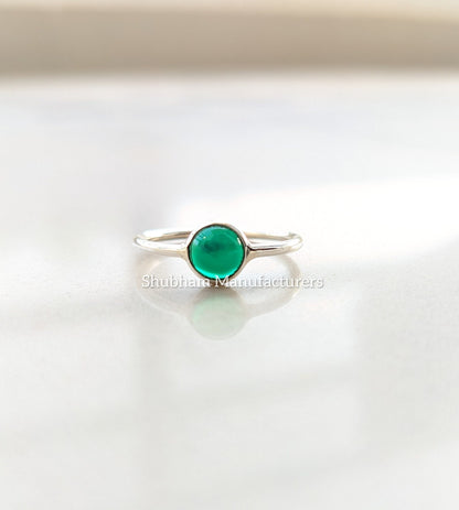 Natural Green Onyx Ring, 925 Sterling Silver Ring, Green Stone, Cabochon Gemstone Stacking Ring, Dainty Silver Ring, Women's Minimalist Ring