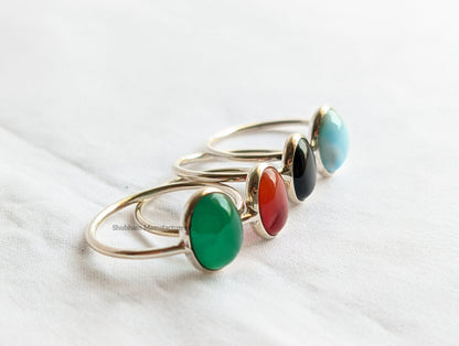 Gemstone Ring, 925 Sterling Silver Ring, Natural Stone Ring, Green Onyx, Carnelian, Black Onyx, Larimar, Gift Ring for Women, Handmade Rings