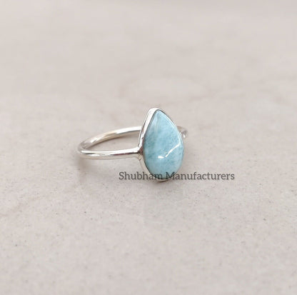 Larimar Ring, 925 Sterling Silver Ring for Women, Pear Shape Natural Blue Gemstone Handmade Ring, Simple Bezel Setting All Size Ring 3-14 US