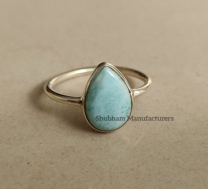 Larimar Ring, 925 Sterling Silver Ring for Women, Pear Shape Natural Blue Gemstone Handmade Ring, Simple Bezel Setting All Size Ring 3-14 US