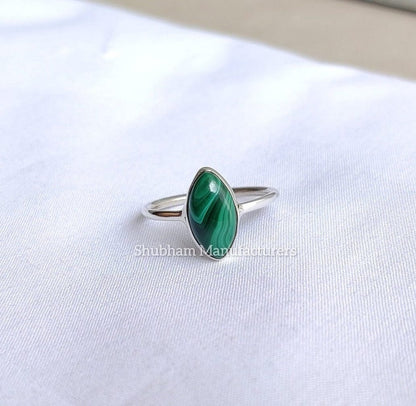 Malachite Ring, 925 Sterling Silver Ring, Stackable Gemstone Ring, Handmade Silver Ring, Marquise Shape Ring, Simple Band Ring for Women