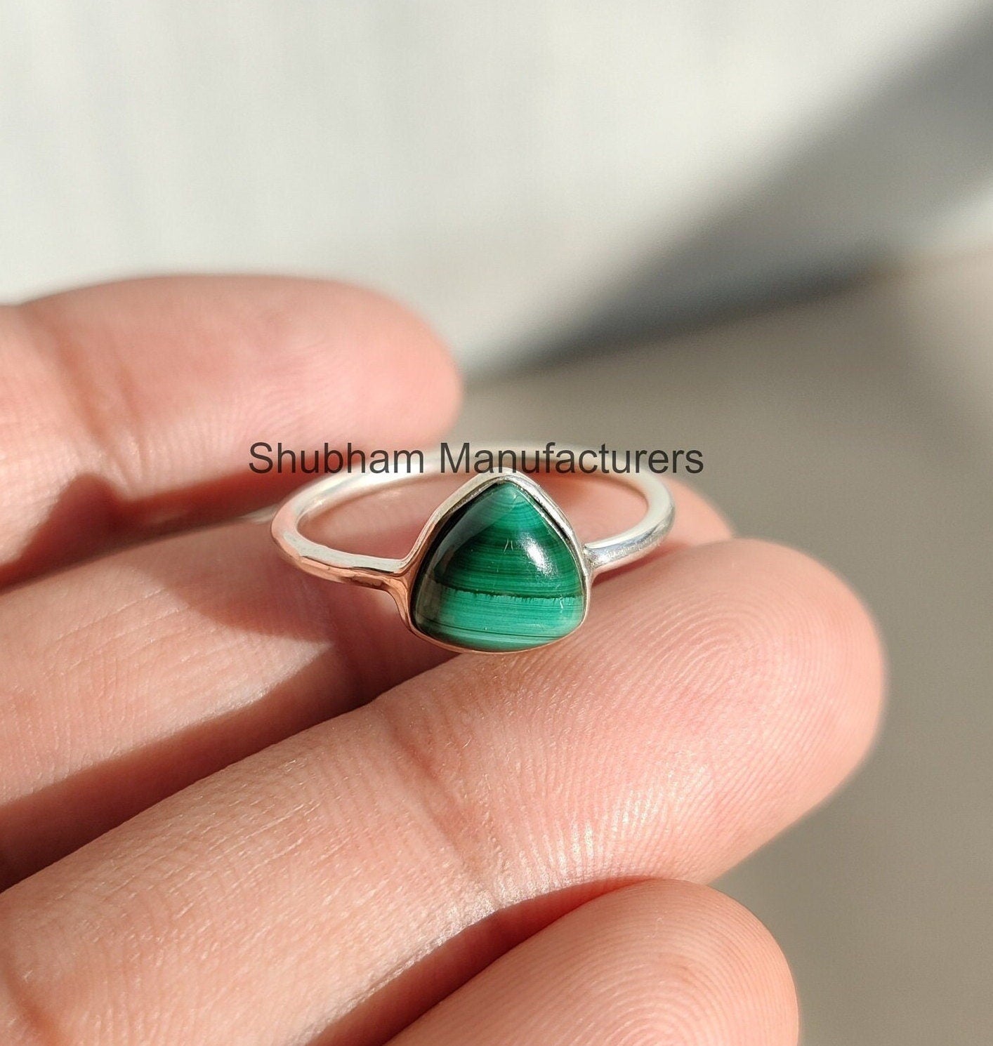 Malachite Ring, 925 Sterling Silver Ring, Stackable Gemstone Ring, Malachite Silver Ring, Trillion Shape Ring, Taurus Birthstone Jewelry