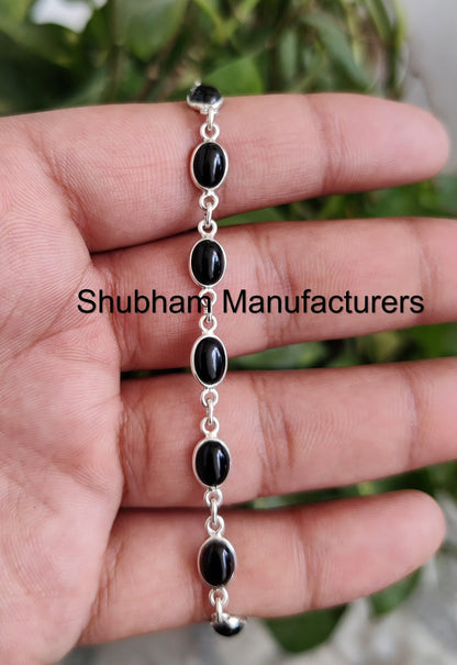 Black Onyx Silver Bracelet, 925 Sterling Silver Bracelet, Onyx Bracelet, Silver Gemstone Jewelry, Wedding Jewelry, Adjustable Chain Bracelet