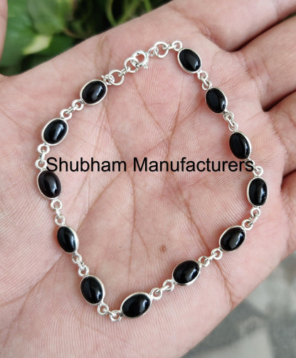 Black Onyx Silver Bracelet, 925 Sterling Silver Bracelet, Onyx Bracelet, Silver Gemstone Jewelry, Wedding Jewelry, Adjustable Chain Bracelet