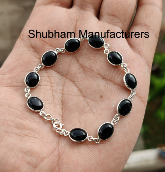 Natural Black Onyx Bracelet, 925 Sterling Silver Bracelet, Gemstone Jewelry, Black Stone Bracelet, Adjustable Chain Bracelet, Wedding Gift