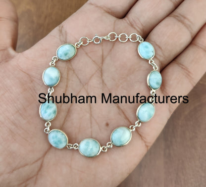 Blue Larimar Bracelet, 925 Sterling Silver Bracelet, Natural Gemstone Adjustable Bracelet, Handmade Jewelry for Her, Oval Stone Bracelet