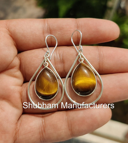 Tiger Eye Dangle Earrings, 925 Sterling Silver Earrings, Tiger Eye Jewelry, Drop Dangle Earrings for Her, Unique Design, Natural Stone