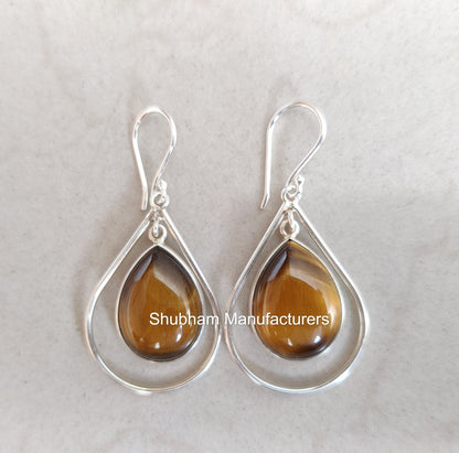 Tiger Eye Dangle Earrings, 925 Sterling Silver Earrings, Tiger Eye Jewelry, Drop Dangle Earrings for Her, Unique Design, Natural Stone