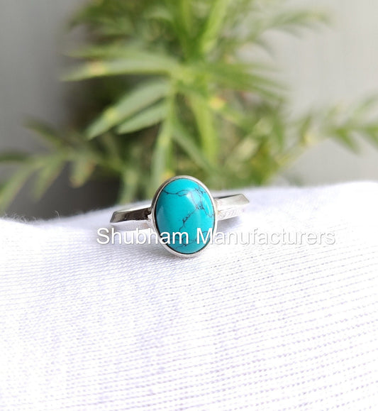 Genuine Turquoise Ring, 925 Sterling Silver Ring, Blue Turquoise Jewelry, Stacking Ring for Women, Natural Gemstone Ring,December Birthstone