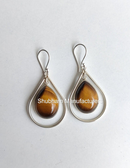 Tiger Eye Dangle Earrings, 925 Sterling Silver Earrings, Tiger Eye Jewelry, Drop Dangle Earrings for Her, Unique Design, Natural Stone