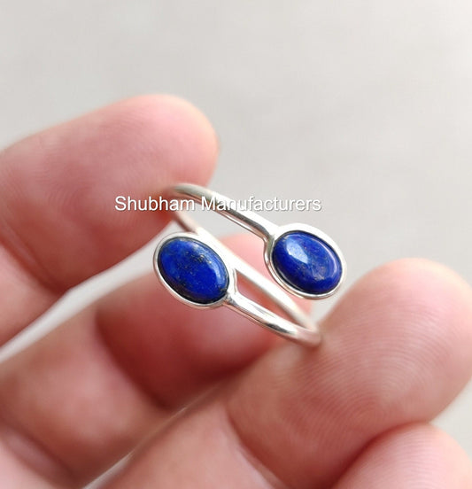 Natural Lapis Lazuli Ring, 925 Sterling Silver Ring, Dual Stone Ring, Blue Gemstone, Tiny Minimalist Ring for Her, Buypass Adjustable Ring