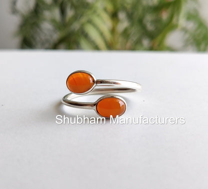 Natural Carnelian Ring, 925 Sterling Silver Ring, Orange Gemstone, Dual Stone Ring, Handmade, Minimalist, Bypass Adjustable Ring for Her